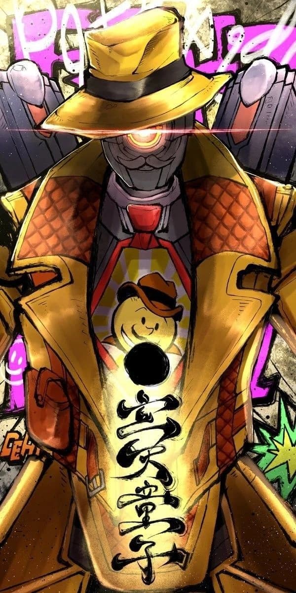 Illustration of an armoured figure in a gold coat and wide-brimmed hat against graffiti